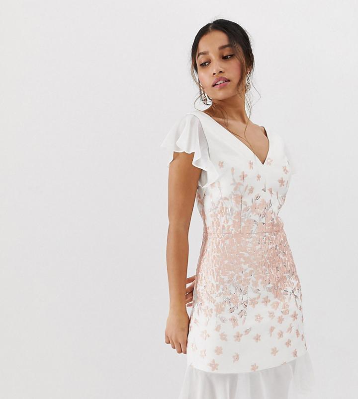 Chi Chi London Petite V Neck Skater Dress With Floral Design In White - Multi