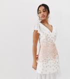 Chi Chi London Petite V Neck Skater Dress With Floral Design In White - Multi