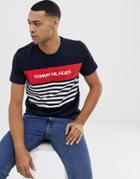 Tommy Hilfiger Chest Color Block Stripe Logo T-shirt In Navy - Navy