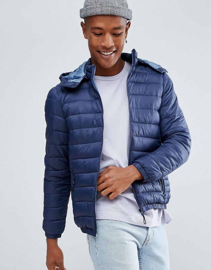 Bershka Quilted Jacket With Hood In Navy - Navy