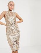 Goddiva Cut Out Back Detail Midi Dress In Rose Gold