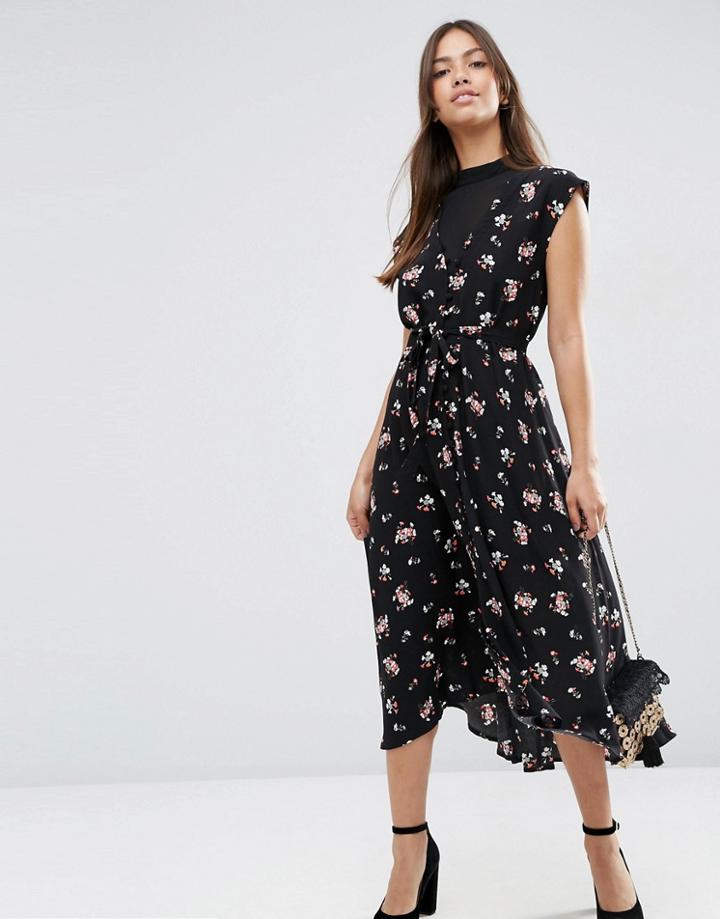 Asos Midi Tea Dress With Chiffon Insert In Ditsy Floral Print - Multi