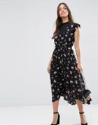 Asos Midi Tea Dress With Chiffon Insert In Ditsy Floral Print - Multi