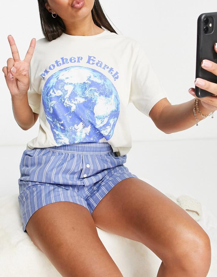 Asos Design Mother Earth Oversized Tee & Woven Stripe Short Pyjama Set In Cream & Blue-multi
