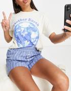 Asos Design Mother Earth Oversized Tee & Woven Stripe Short Pyjama Set In Cream & Blue-multi