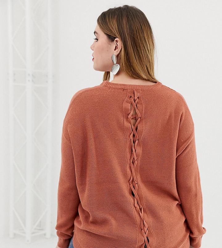 Brave Soul Plus Lace Up Back Sweater - Pink