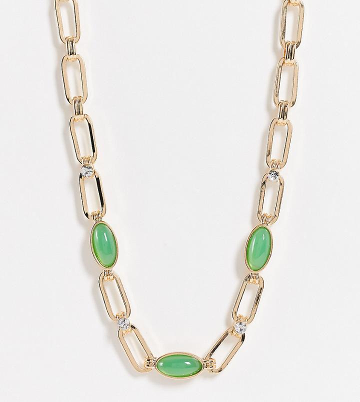 Reclaimed Vintage Inspired Statement Chain Necklace With Green Agate Stones In Gold