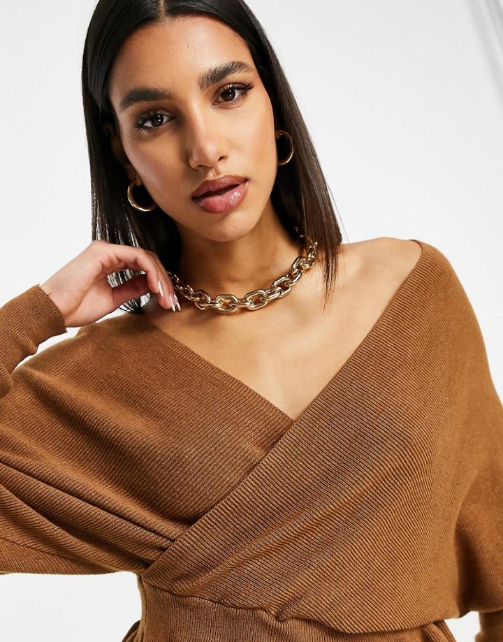 Naanaa Crossover Batwing Sleeve Sweater In Stone-neutral