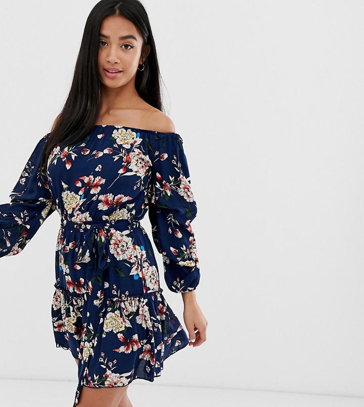 Parisian Petite Off Shoulder Skater Dress In Navy Floral