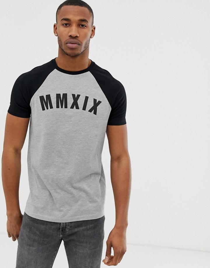 Asos Design Raglan T-shirt With Roman Numerals Chest Placement-gray