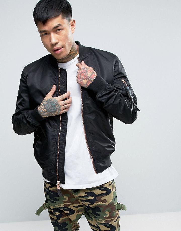 Alpha Industries Vf Lightweight Bomber Jacket Gold Zip In Black - Black