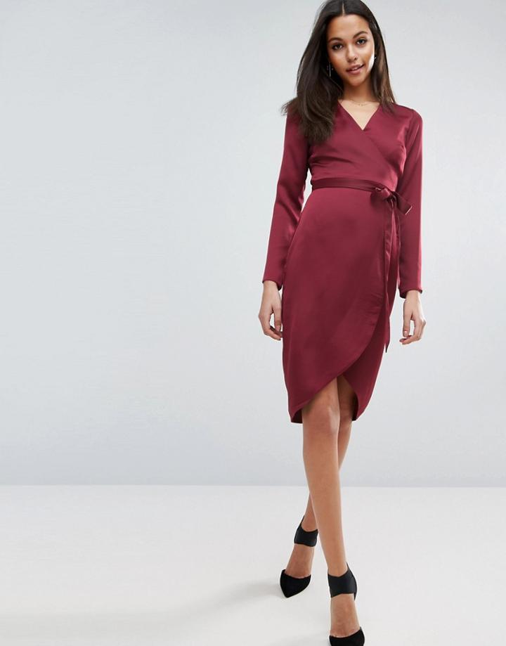 Asos Midi Wrap Dress In Satin - Red