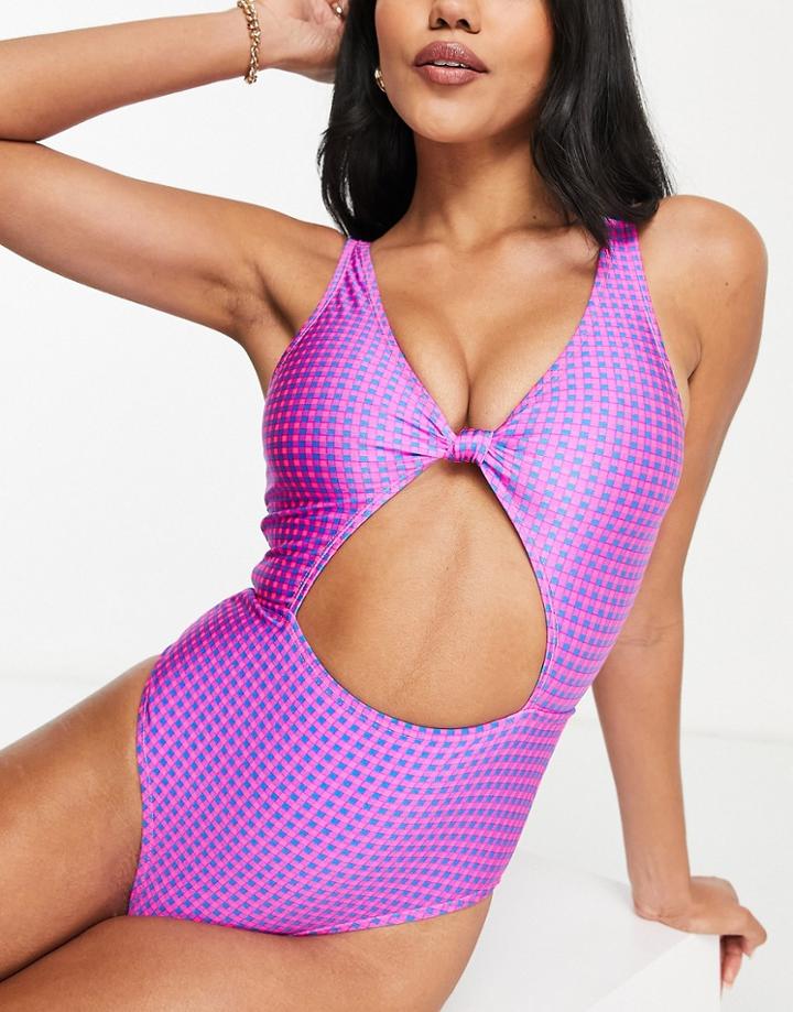 Topshop Gingham Knot Front Swimsuit In Neon Pink