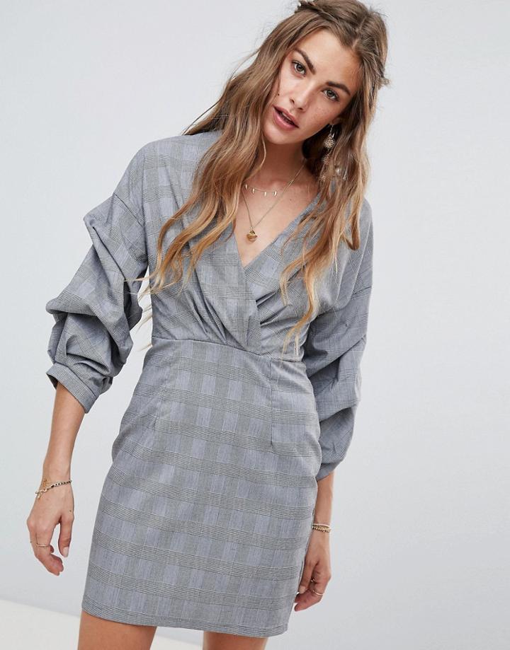 Love & Other Things V Neck Ruched Sleeve Dress-gray