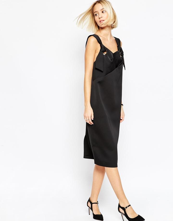 Asos White Bonded Satin Midi Dress With Eyelet Detail - Black