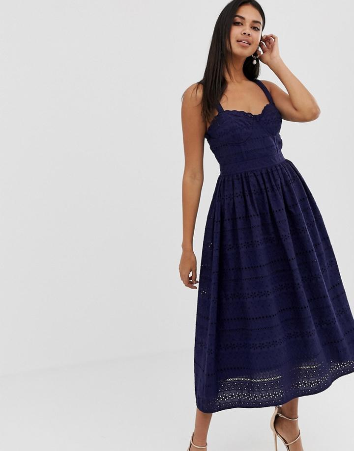 Asos Design Premium Broderie Prom Midi Dress - Navy