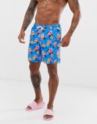 Asos Design Swim Shorts In Hawaiian Floral Print Mid Length-blue