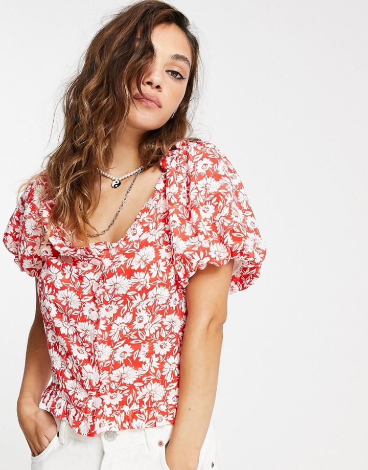 Topshop Floral Print Frill Bardot Top In Red