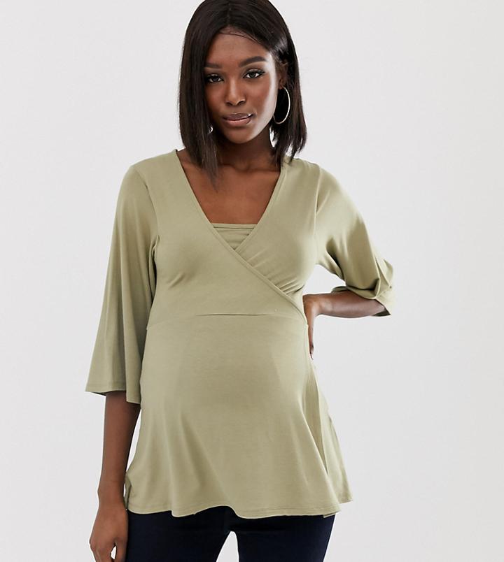 Asos Design Maternity Nursing Kimono Sleeve Wrap Top-green