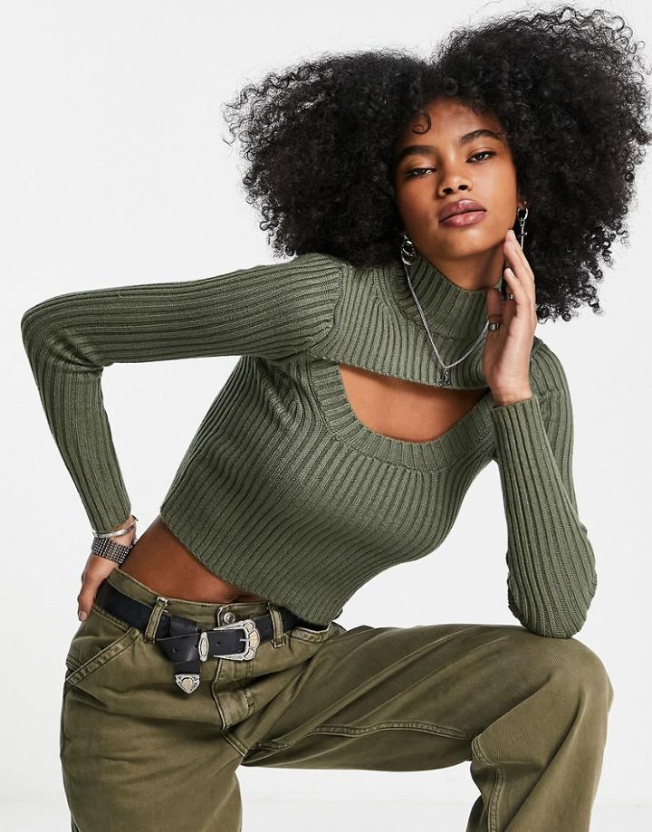 Bershka Cut Out Roll Neck Sweater In Khaki-green