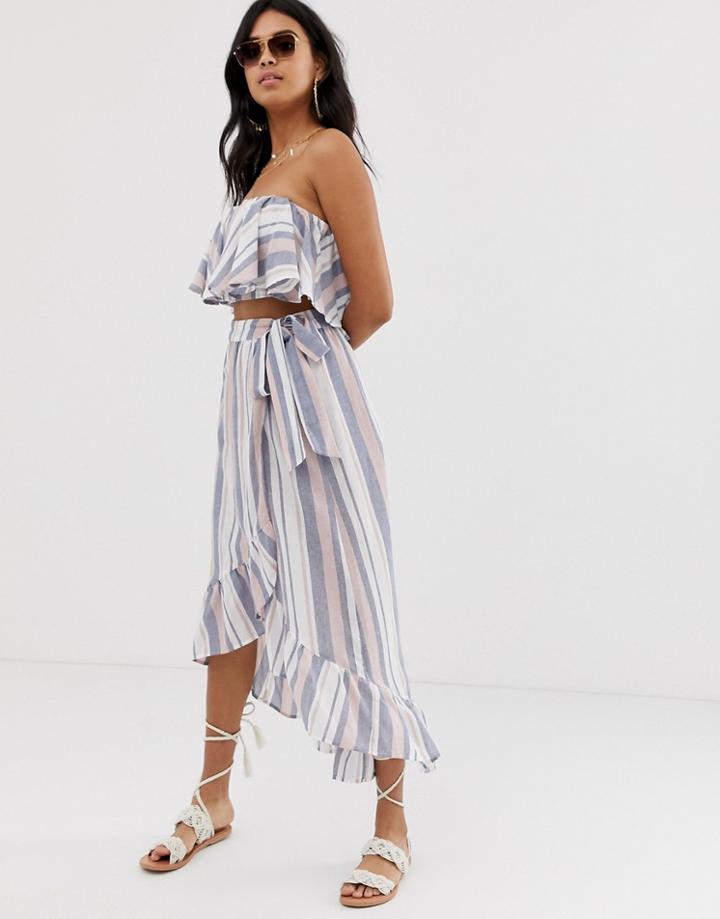 Asos Design Woven Stripe Frill Beach Sarong Two-piece Skirt-multi