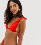 River Island Bikini Top With Tie Shoulders In Red - Red