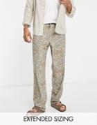 Asos Design Oversized Tapered Linen Cargo Pants In Paisley Print-brown
