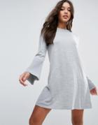 Asos Dress In Knit With Fluted Sleeve - Gray