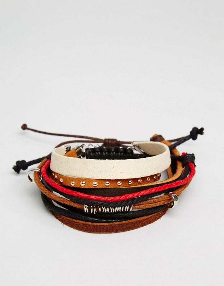 Asos Faux Leather And Cord Bracelet Pack In Brown - Multi