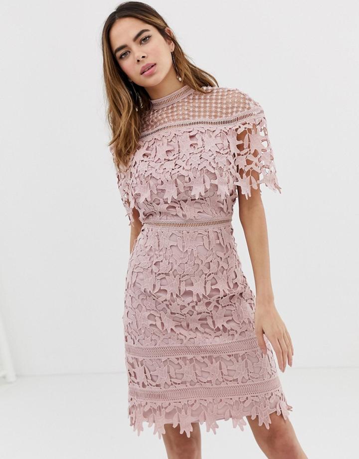 Chi Chi London High Neck Lace Pencil Midi Dress In Blush Pink - Pink