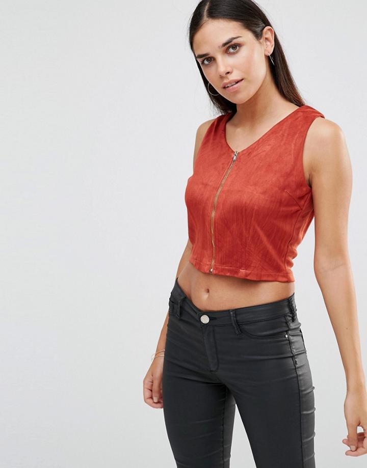 Ax Paris Zip Front Crop Top In Suedette - Rust