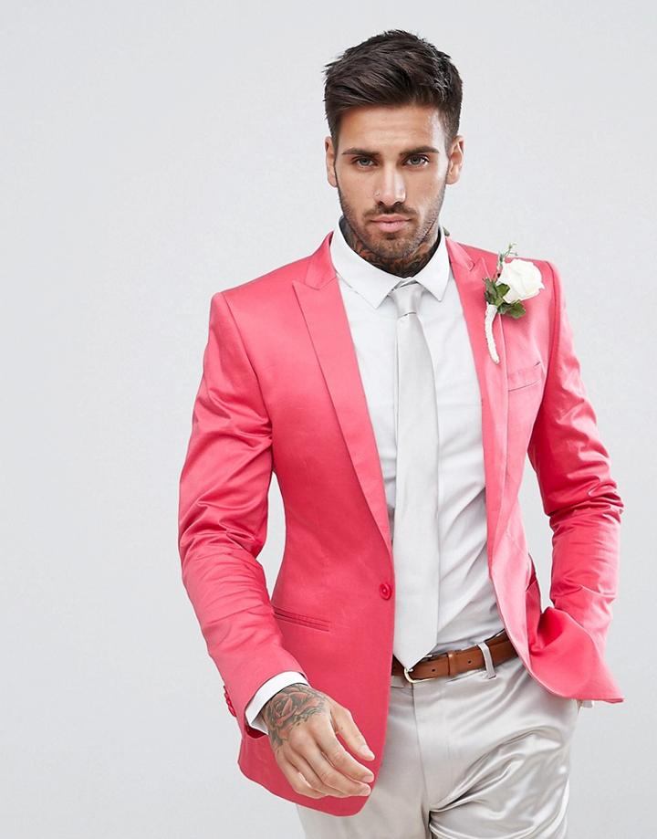 Asos Wedding Super Skinny Blazer In Pink Cotton Sateen - Pink