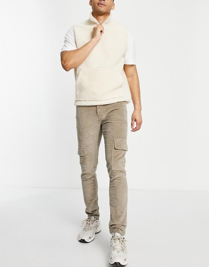 Asos Design Skinny Cargo Pants In Dark Beige Stretch Cord-neutral