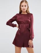 Asos Satin Romper With Ruffle Waist - Red