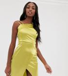 Outrageous Fortune Tall Satin Asymmetric Shoulder Dress In Lime-brown