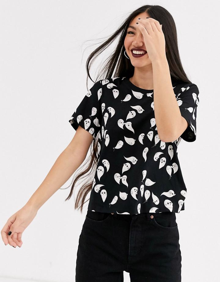Monki Halloween Ghost Print T-shirt In Black