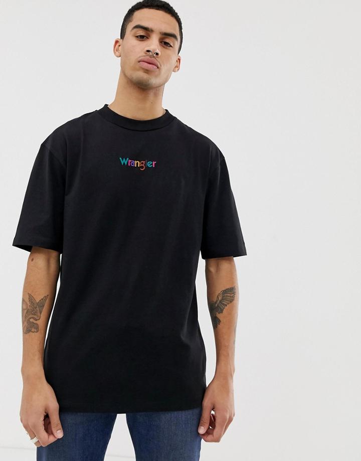 Wrangler Oversized Embroidered Rainbow Logo T-shirt In Black - Black