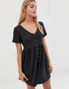 Asos Design V Neck Button Through Rib Smock Mini Dress - Gray