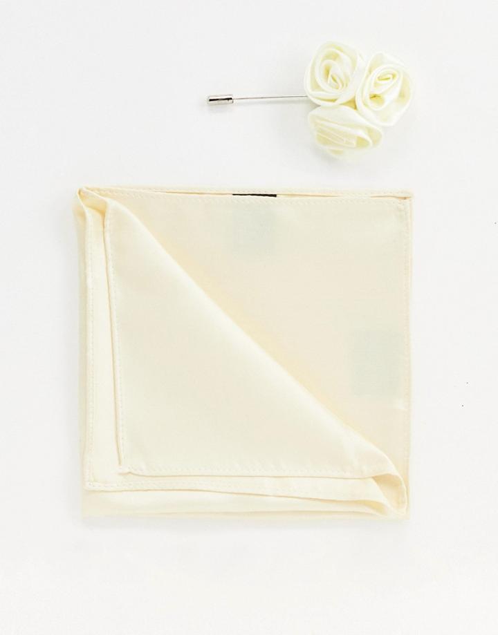 Gianni Feraud Satin Wedding Floral Lapel Pin With Pocket Sqaure - Cream
