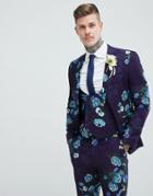 Asos Design Wedding Skinny Suit Jacket In Navy Floral Linen Look - Navy