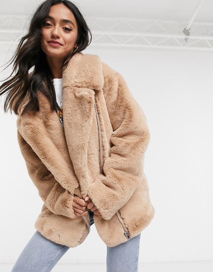 Asos Design Faux Fur Biker Jacket In Mink-gray