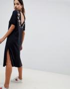 Asos Design Embroidered V Back Midi T-shirt Dress - Black