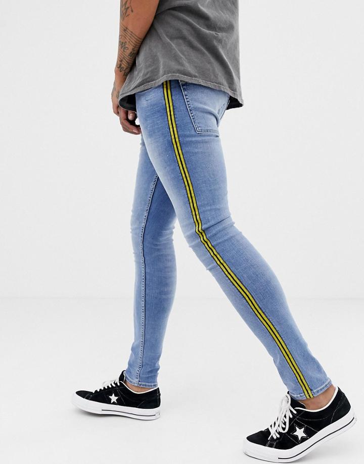 New Look Super Skinny Jeans With Mustard Side Stripe In Blue Wash - Blue