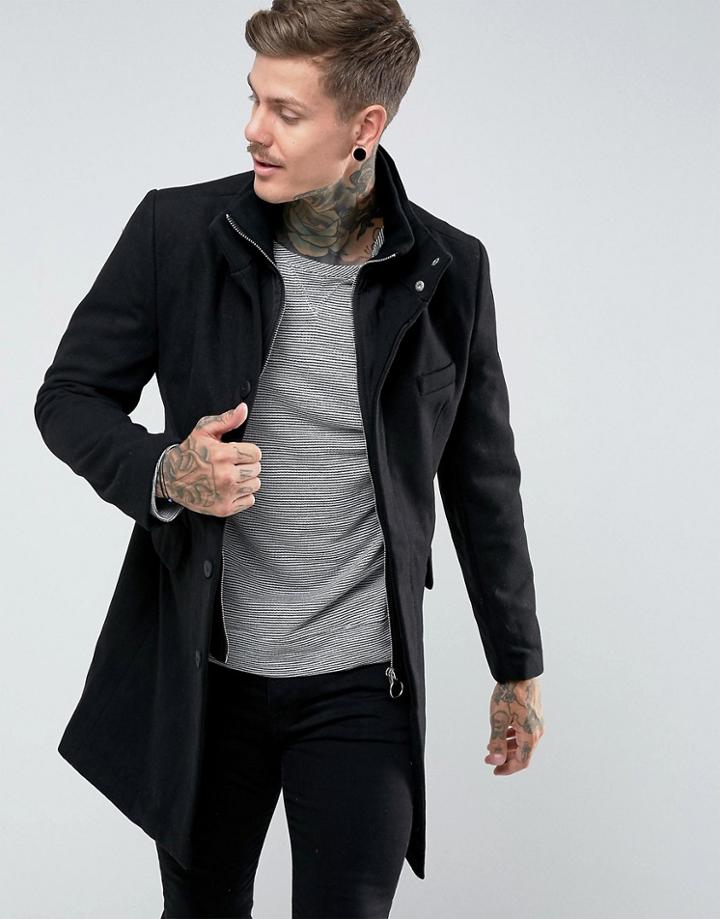 Bellfield Wool Blend Military Overcoat - Black