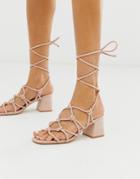 Public Desire Freya Blush Ankle Tie Mid Heeled Sandals-pink