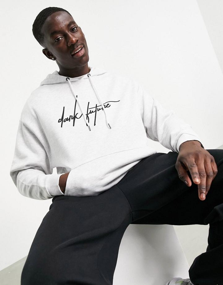 Asos Dark Future Oversized Hoodie In White Heather With Logo Print