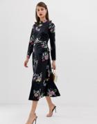 Asos Design Velvet Ruched Midi Dress In Floral Print - Multi