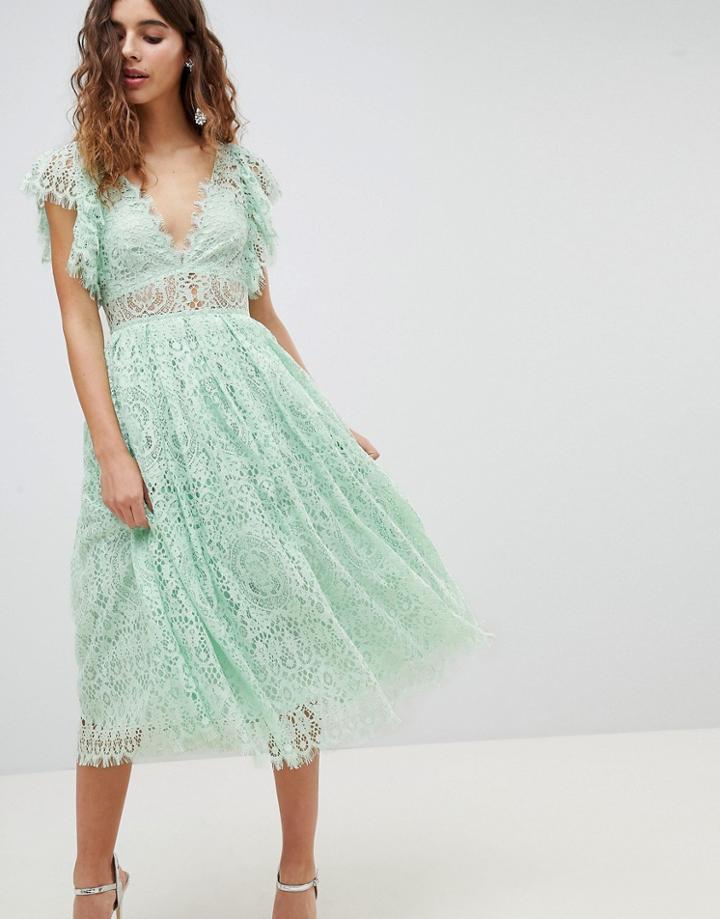 Asos Design Lace Prom Midi Dress With Frill Sleeve - Pink