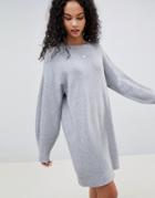 Asos Design Knitted Dress With Balloon Sleeve - Gray