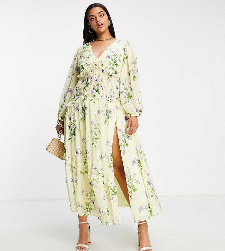 Asos Design Curve Button Through Pintuck Maxi Dress In Yellow Floral Print-multi